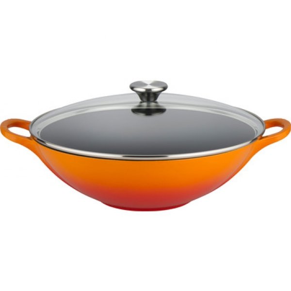 LE CREUSET - Gietijzer - Gietijzeren wok oranje met glazen d